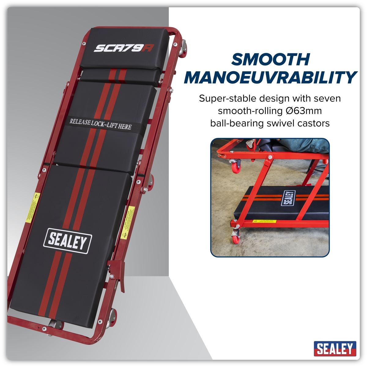 Sealey Steel Creeper/Seat with 7 Wheels & Adjustable Head Rest