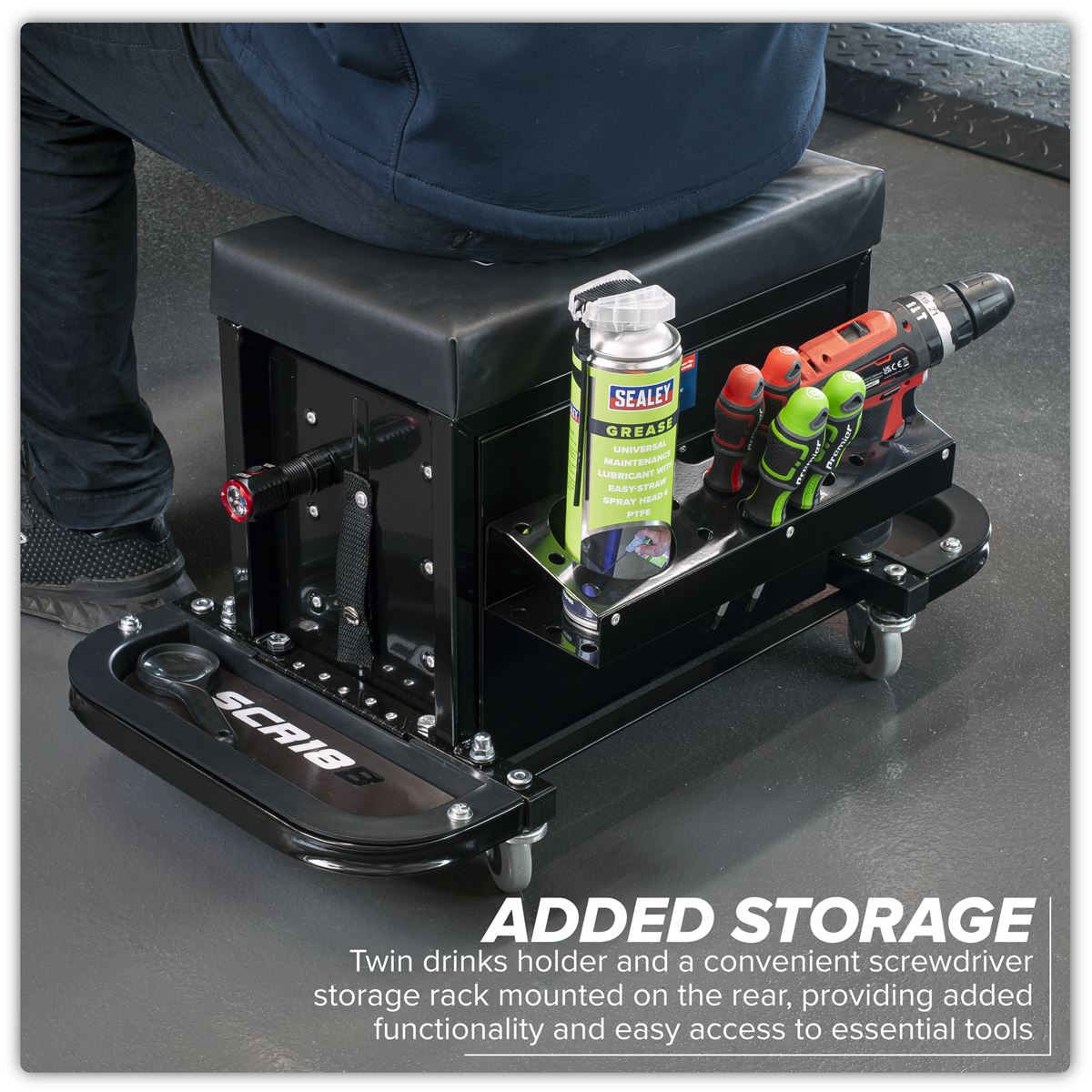 Sealey Mechanic's Utility Seat & Toolbox - Black - White Rose Tools