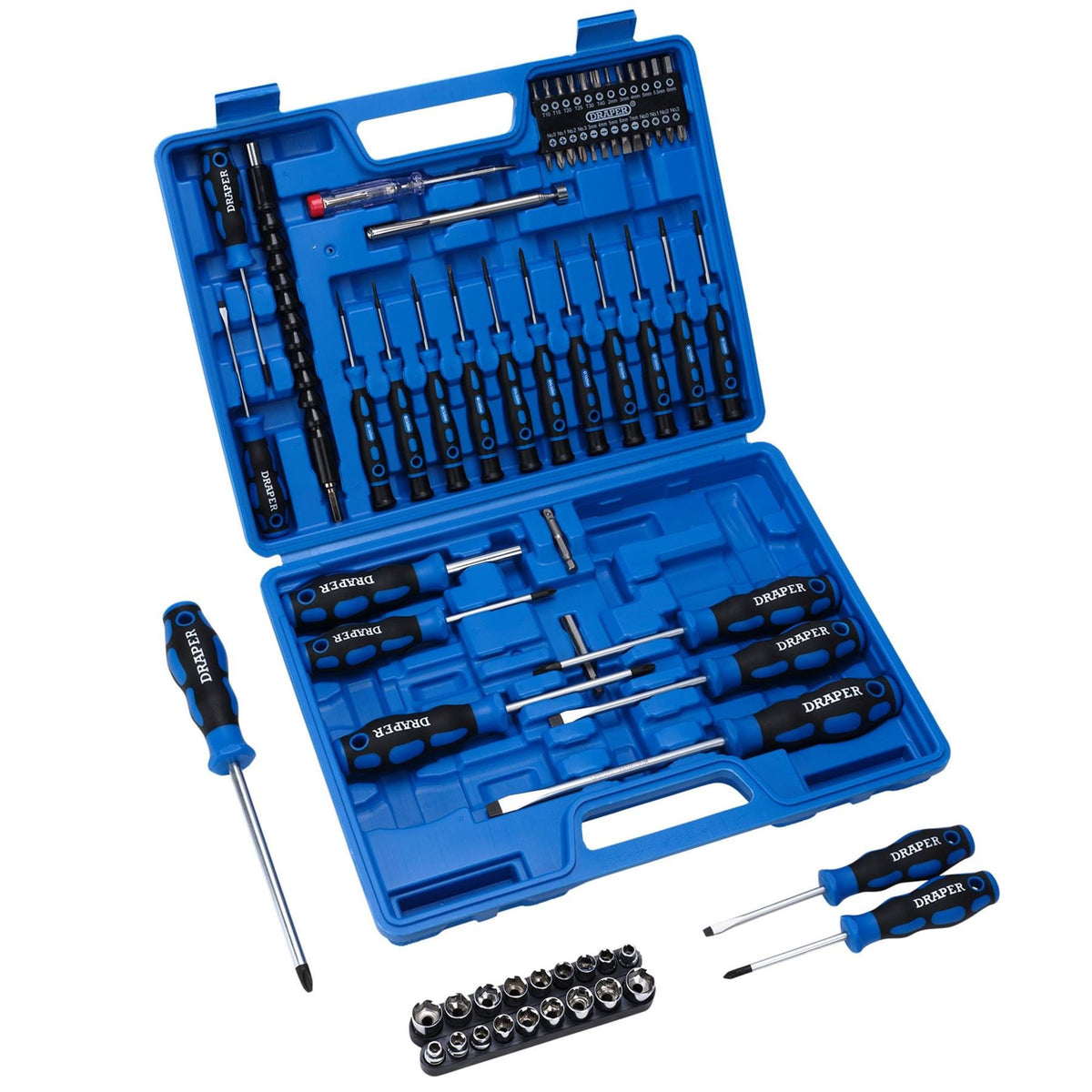 Draper Screwdriver Socket and Bit Set Blue (70 Piece) 40850 White Rose Tools