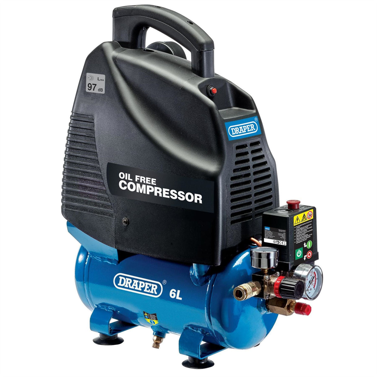 Draper 230V 6L Oil-Free Air Compressor 1.1kW/1.5hp 24974 White Rose Tools