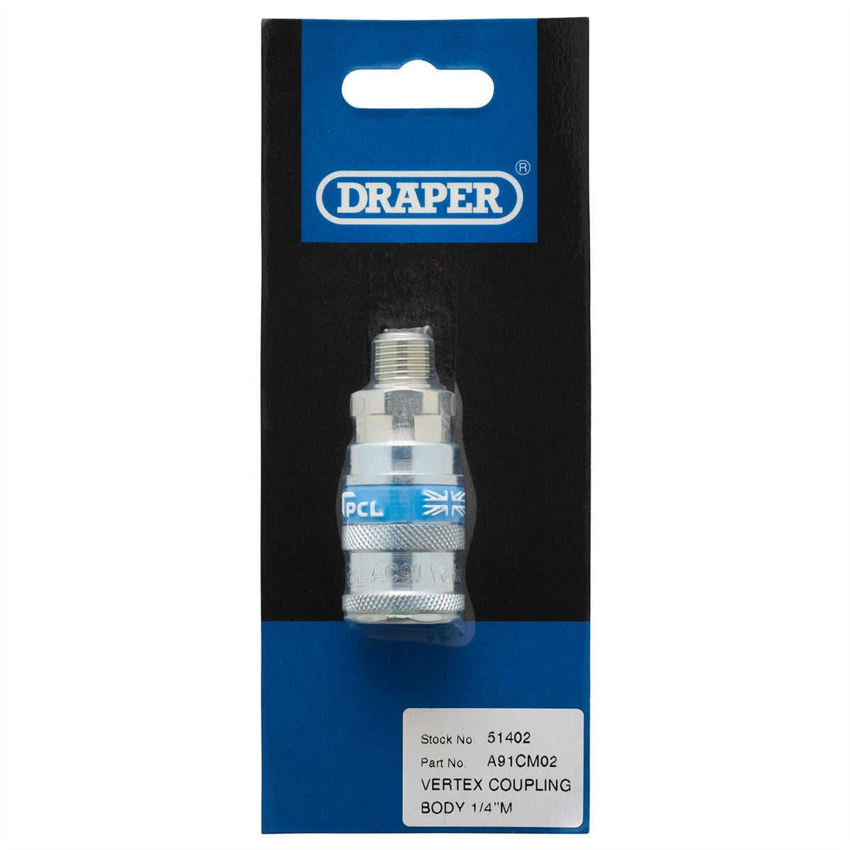 Draper 1/4" BSP Taper Male Thread Vertex Air Coupling 51402 White Rose Tools