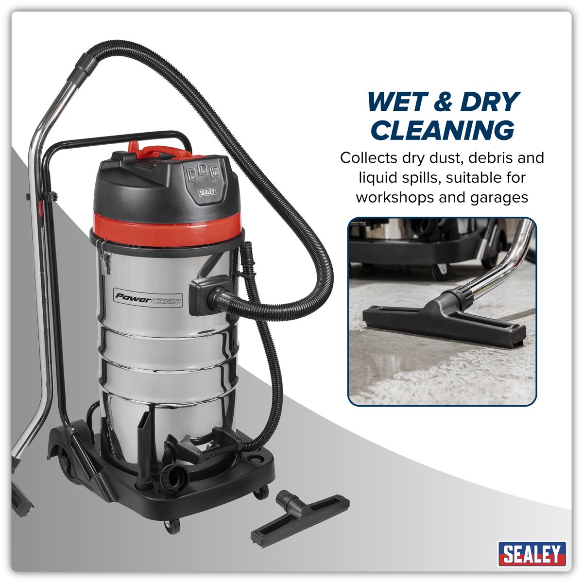 Sealey 100L Vacuum Cleaner Wet & Dry with Stainless Steel Drum 3000W/230V