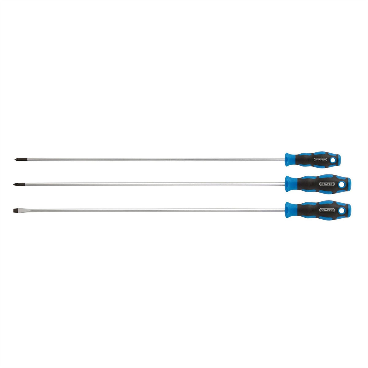 Draper Extra Long Reach Soft Grip Screwdriver Set 450mm (3 Piece) 32603 White Rose Tools
