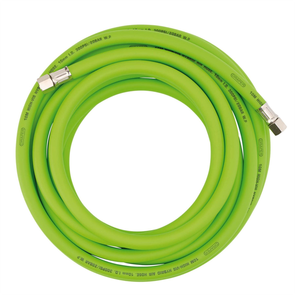 Draper High Visibility Hybrid Air Hose 10m x 10mm 1/4" BSP Green 31729 White Rose Tools