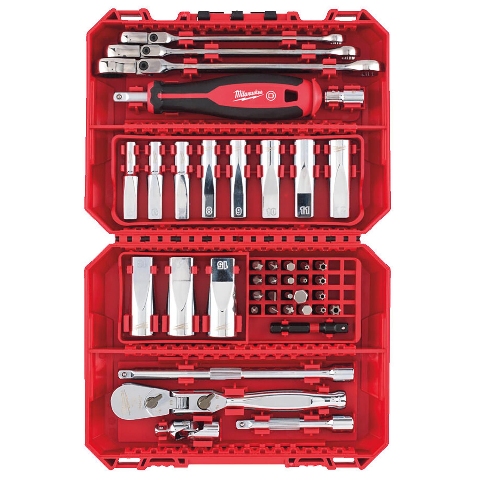 Milwaukee 1/4" Drive Ratchet Spanner Deep Socket Metric In PACKOUT Compatible Box 43pc