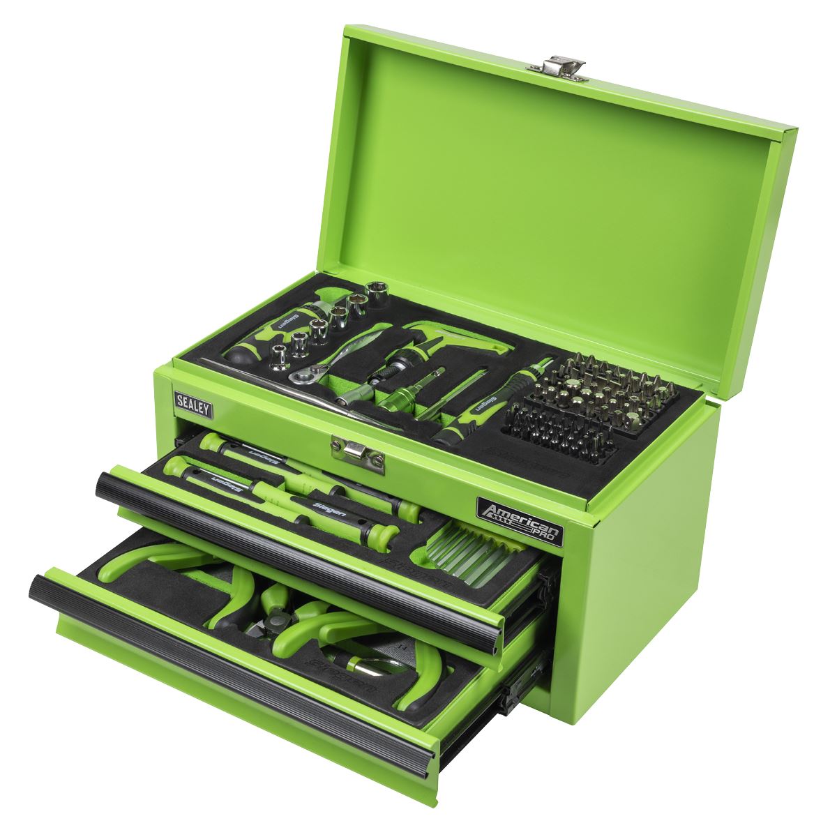 Siegen by Sealey Mini Toolbox 2 Drawer with 111pc Tool Kit - Green White Rose Tools