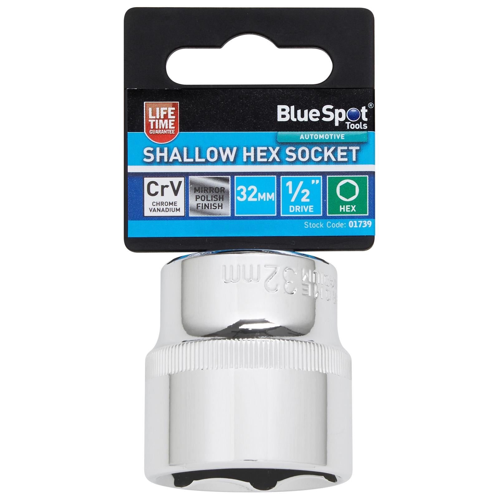BlueSpot Shallow Socket 1/2" Drive 6 Point Hex Chrome Individual 8-32mm - Choose Size White Rose Tools