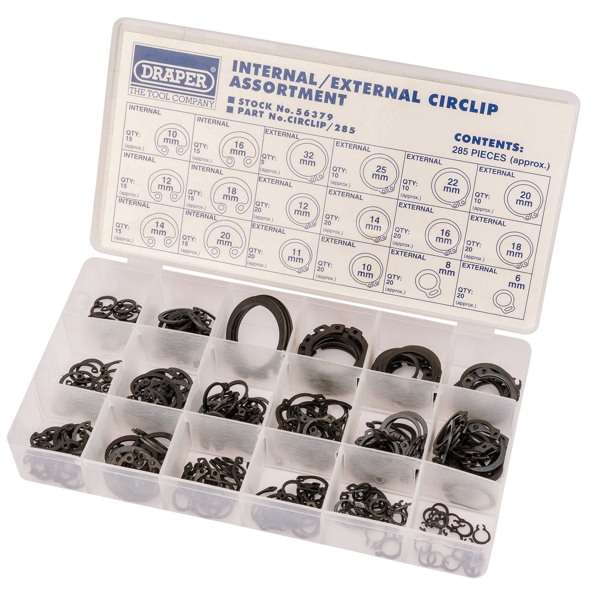 Draper Internal and External Circlip Assortment (285 Piece) 56379 White Rose Tools