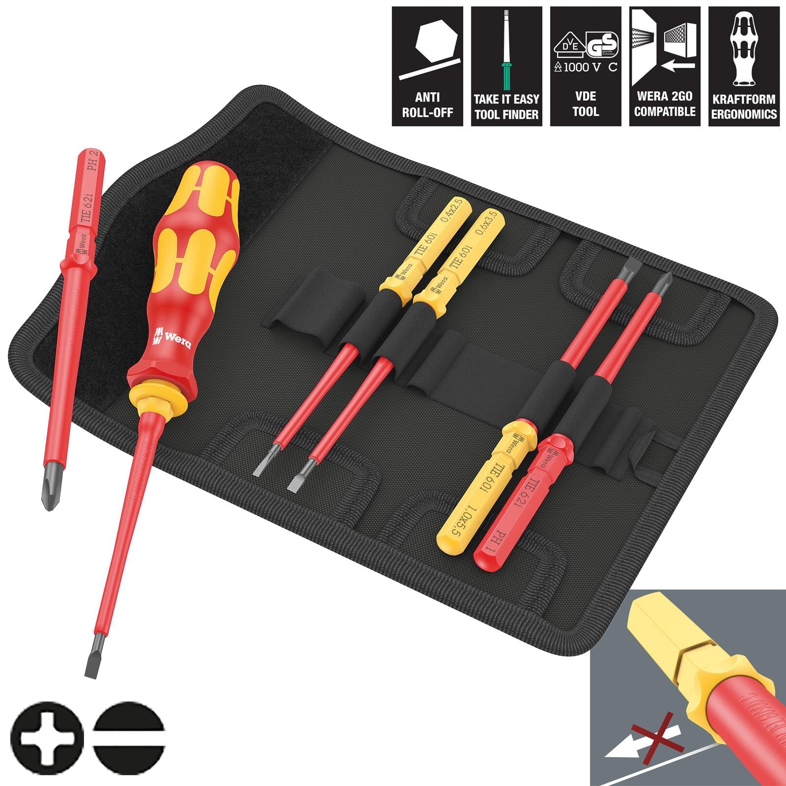 Wera Interchangeable VDE Screwdriver Set Kraftform Kompakt VDE 7 Universal 1 Tool Finder 7 Pieces Phillips Slotted White Rose Tools