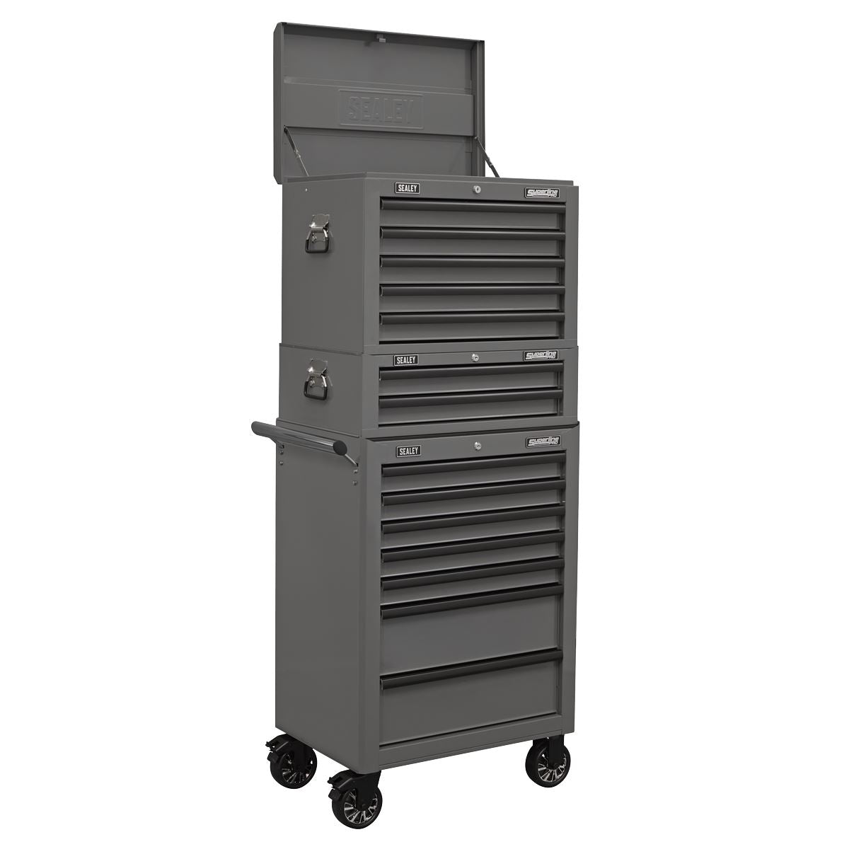 Sealey Superline Pro Topchest, Mid-Box Tool Chest & Rollcab Combination 14 Drawer with Ball-Bearing Slides - Grey