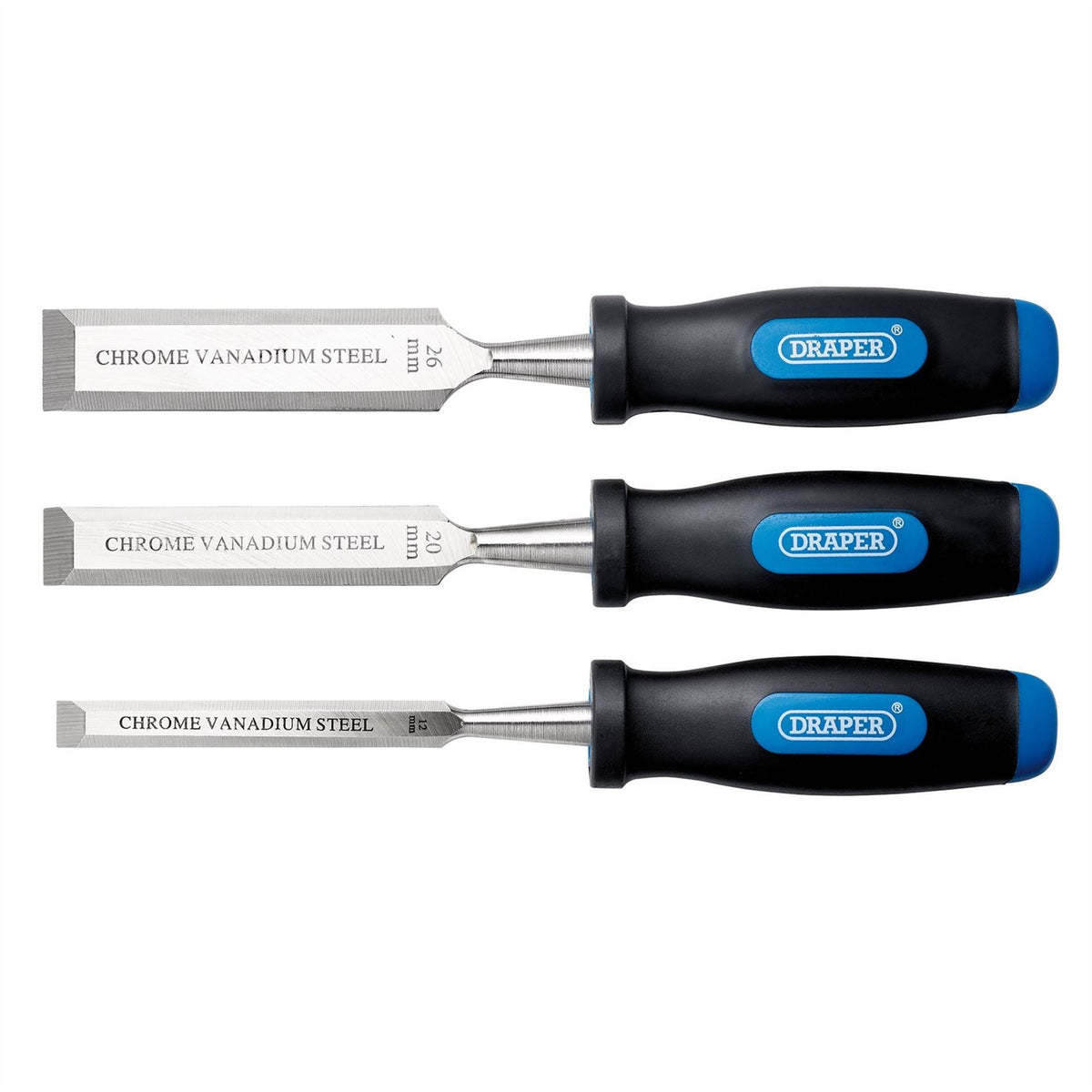 Draper Soft Grip Bevel Edge Wood Chisel Set (3 Piece) 31306 White Rose Tools