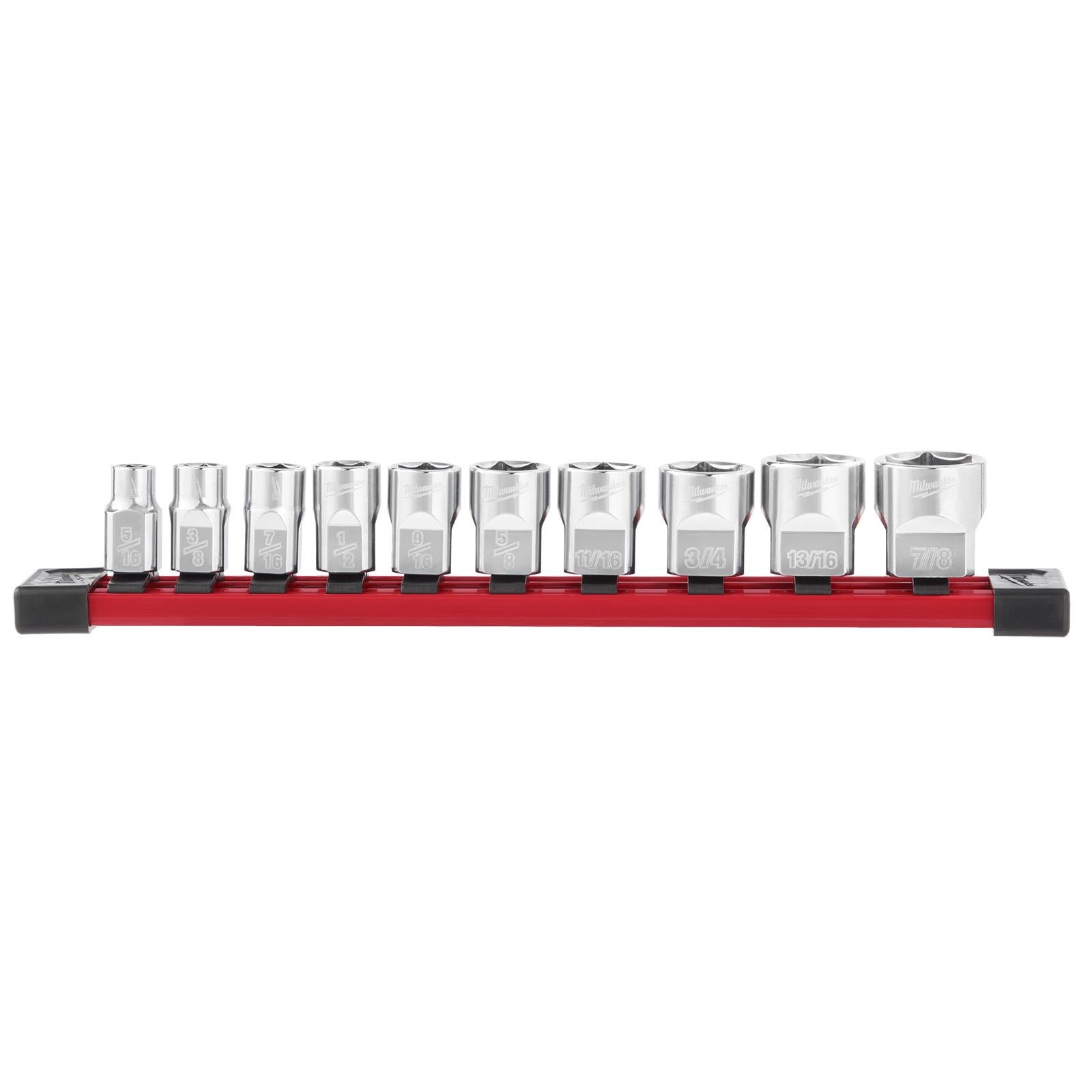 Milwaukee Chrome Socket Set 3/8" Drive Four Flat Sides Imperial SAE on Socket Rail 10 Piece White Rose Tools