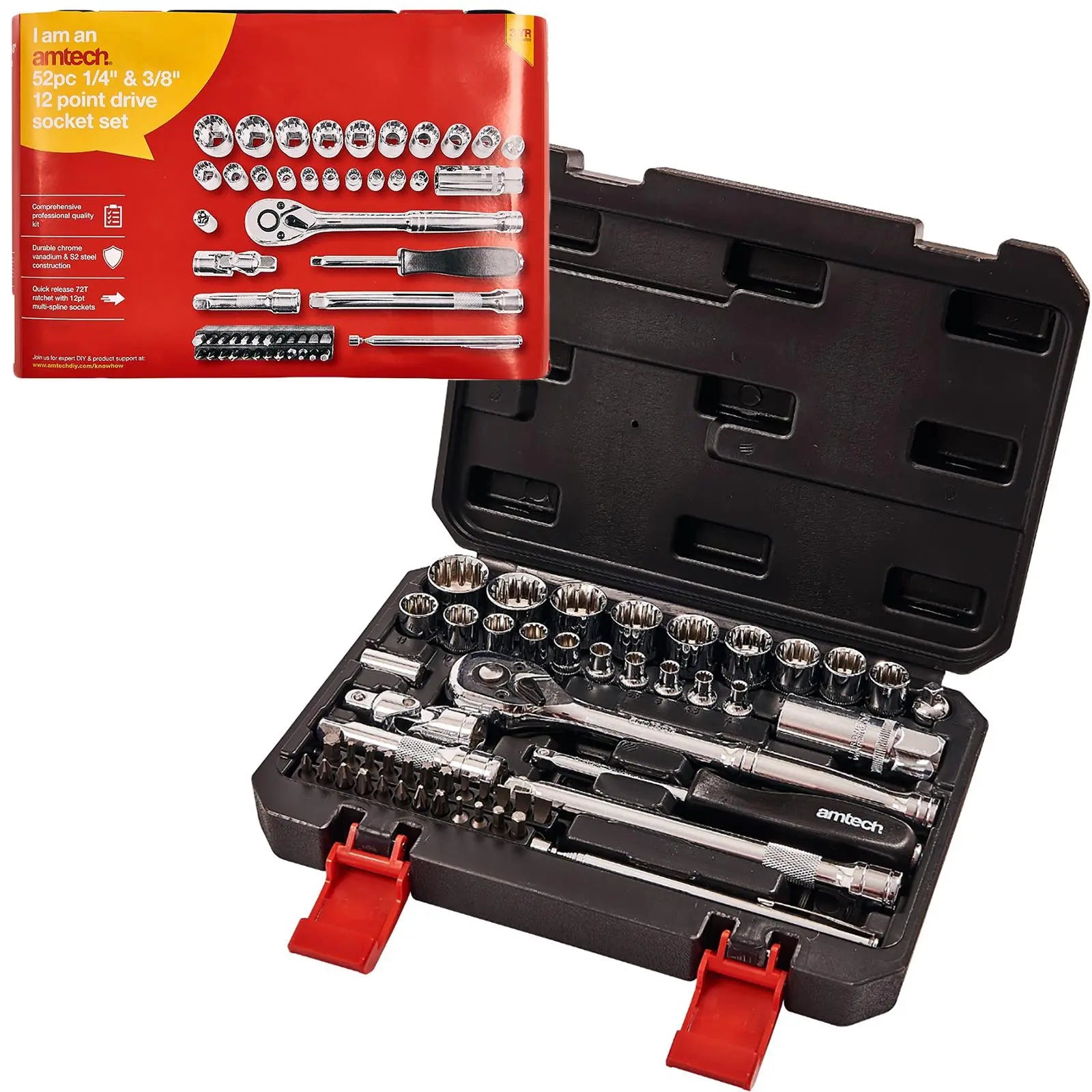 Amtech 52 Piece 1/4" and 3/8" Drive 12 Point Socket Set