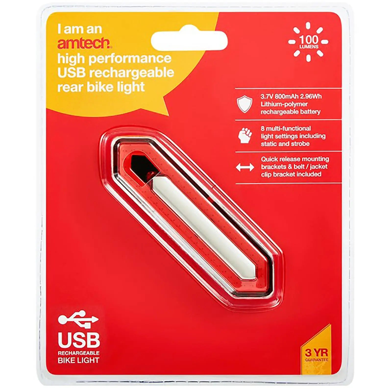 Amtech Bike Light Rear Red High Performance USB Rechargeable 8 Settings 100 Lumens