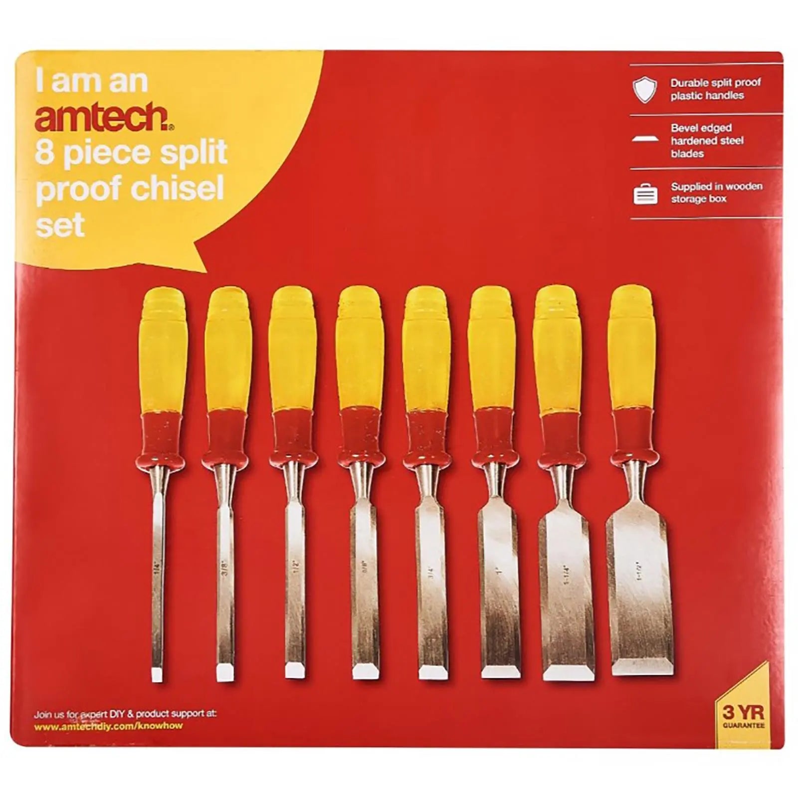 Amtech Wood Chisel Set Split Proof Wooden Box Bevel Edges Hardened Blades  White Rose Tools