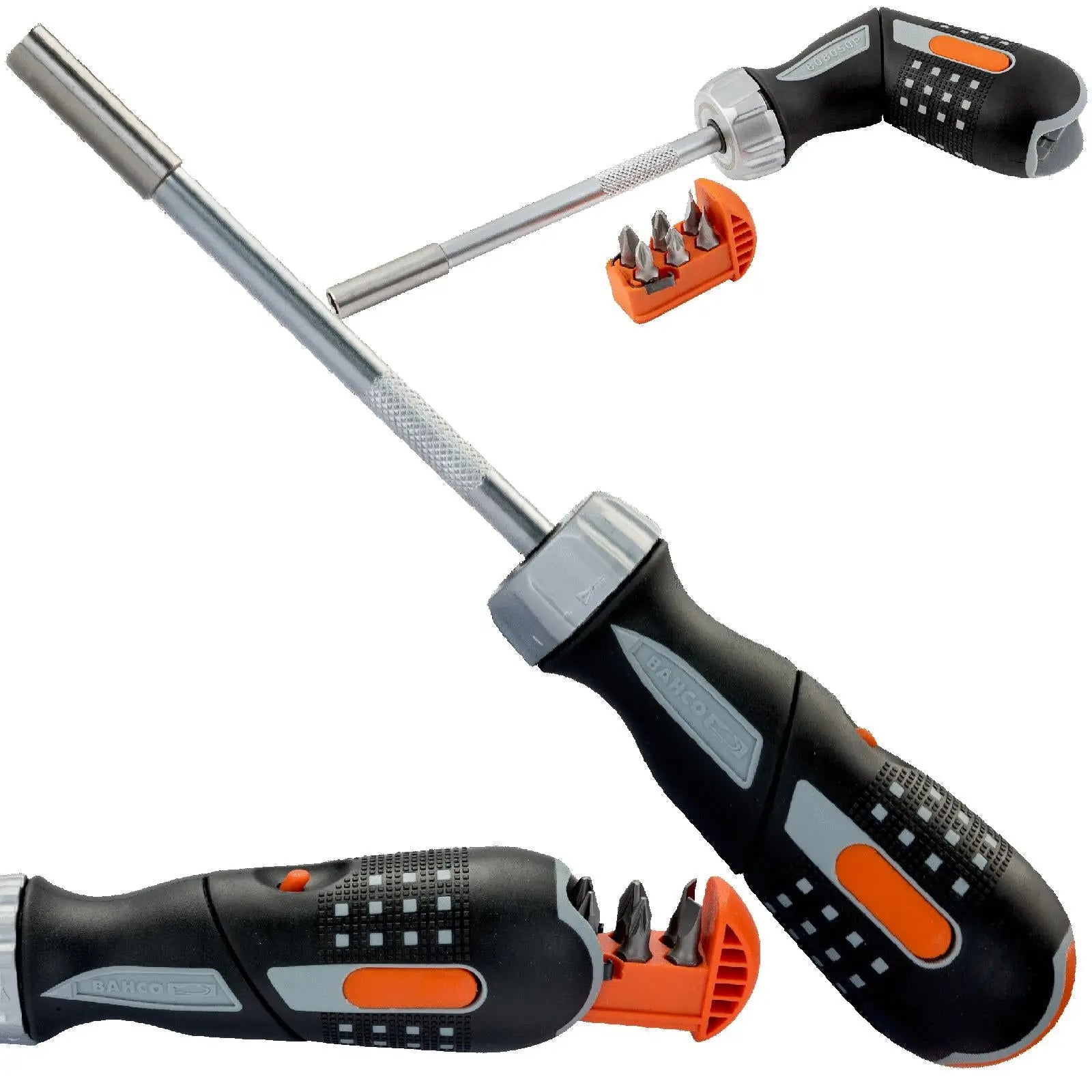 Bahco Ratchet Screwdriver Pistol Grip with 1/4" Hex Bits Phillips Slotted  White Rose Tools