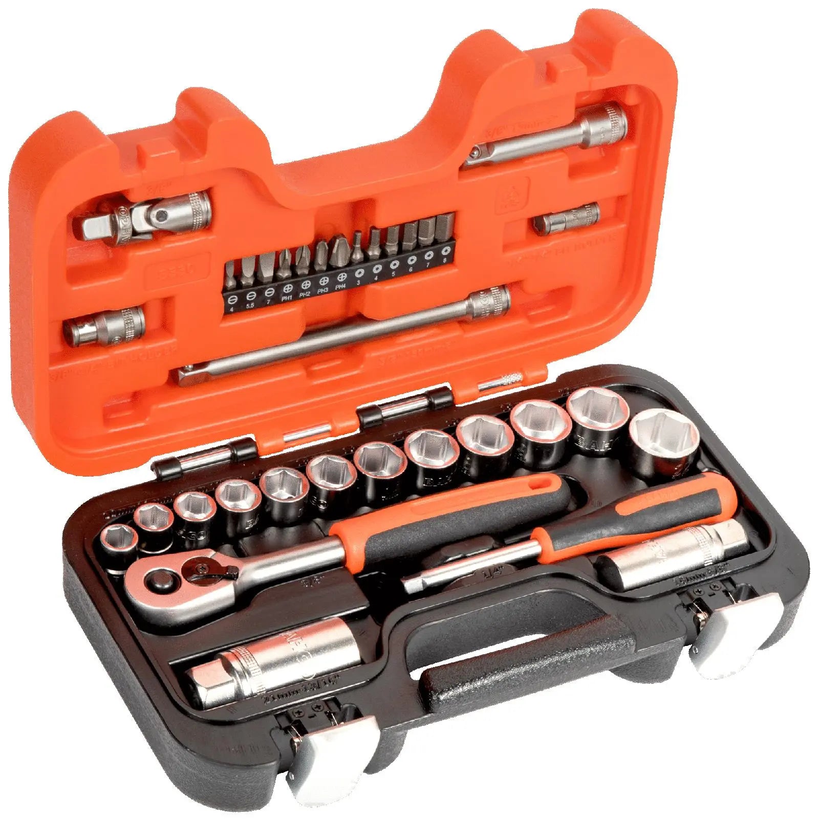 Bahco Socket Screwdriver Bit Set 3/8" Ratchet Handle 1/4" Hex Slotted Phillips Metric 34 Piece White Rose Tools
