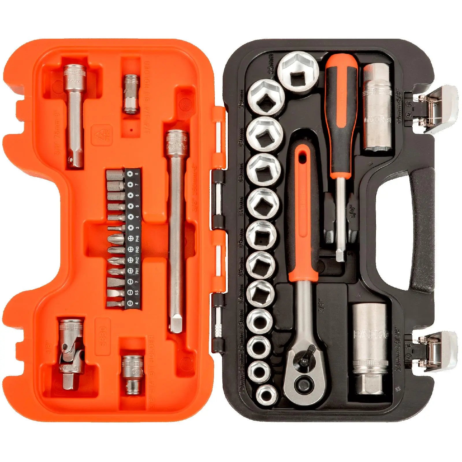 Bahco Socket Screwdriver Bit Set 3/8" Ratchet Handle 1/4" Hex Slotted Phillips Metric 34 Piece White Rose Tools