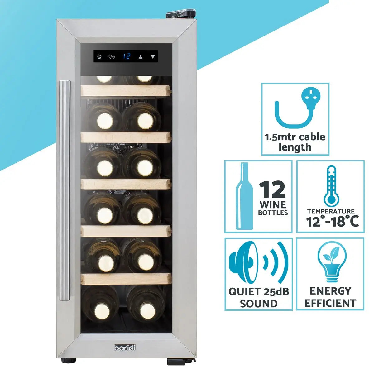 Baridi 12 Bottle Wine Cooler with Digital Touchscreen Controls & LED Light, Stainless Steel  White Rose Tools