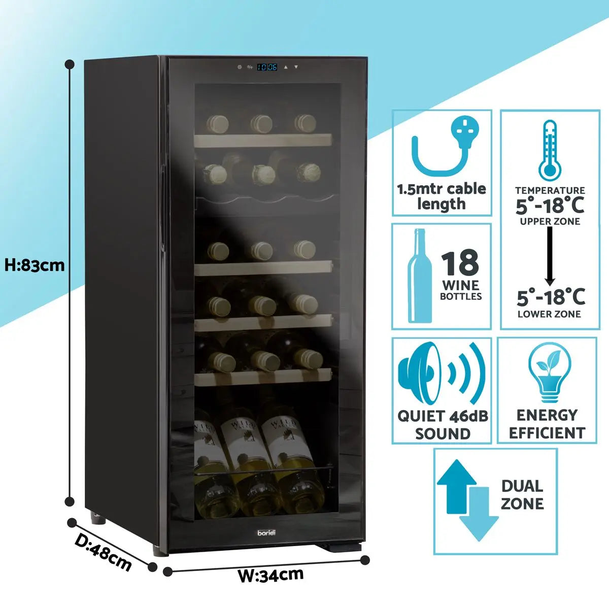 Baridi 18 Bottle Dual Zone Wine Cooler, Fridge with Digital Touchscreen Controls, Wooden Shelves & LED Light, Black  White Rose Tools