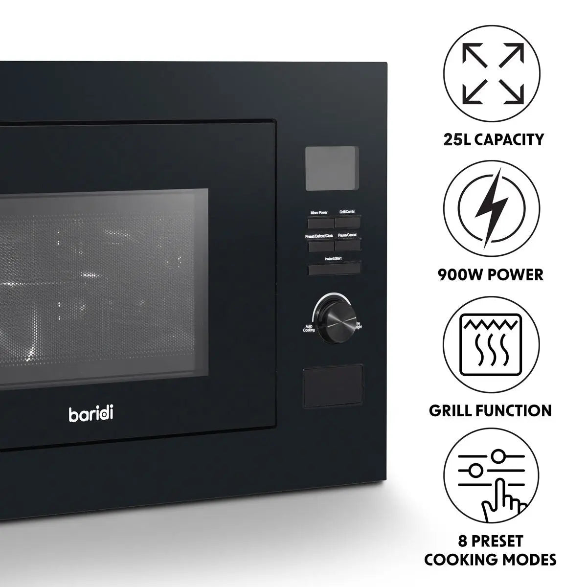 Baridi 25L Integrated Microwave Oven with Grill, 900W, Sensor Touch Controls, Black  White Rose Tools