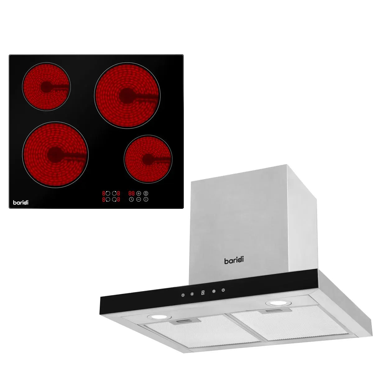 Baridi 4 Zone Ceramic Hob & T Shape Linear Style Cooker Hood  White Rose Tools