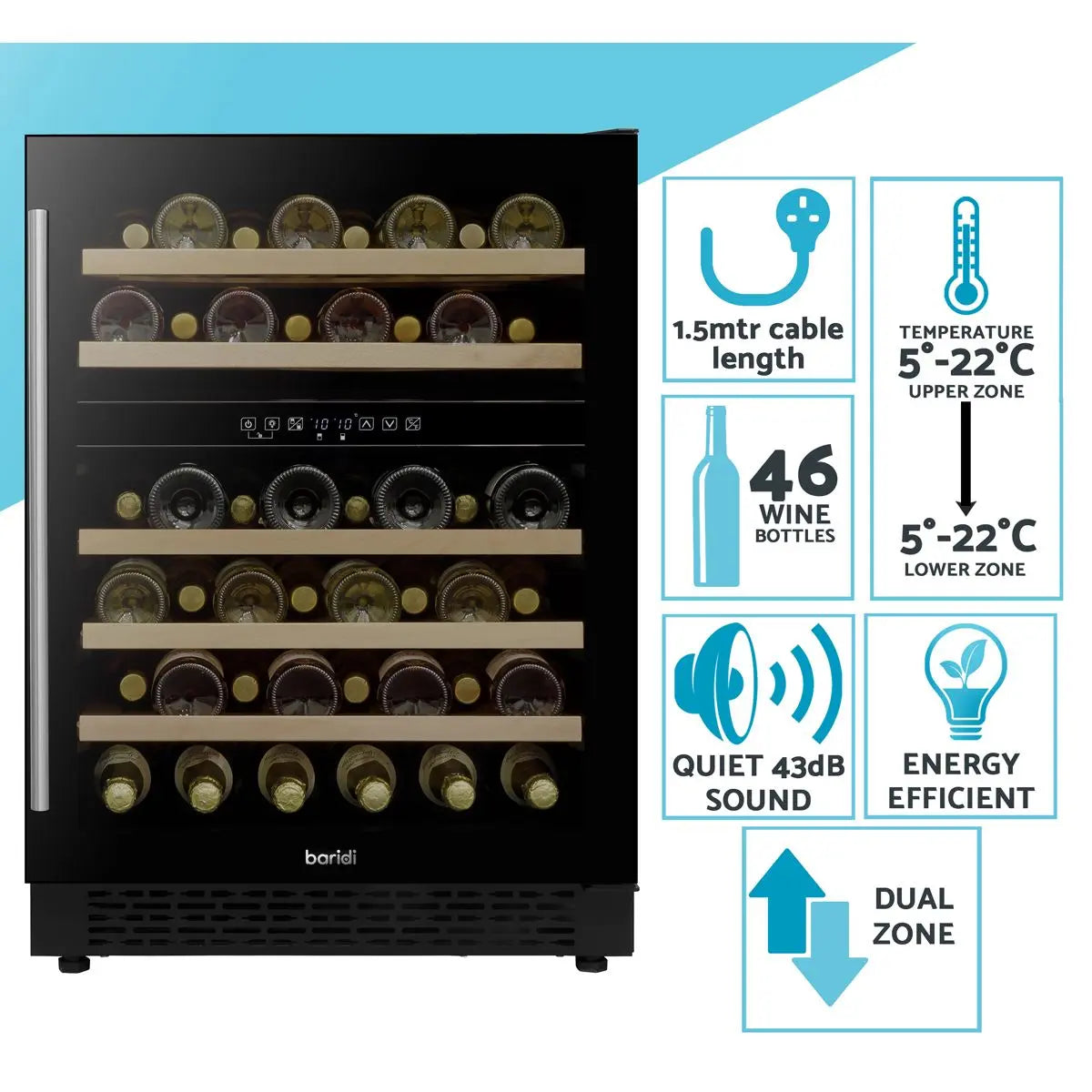 Baridi 46 Bottle Wine Cellar Fridge with Digital Touch Screen Controls, Black White Rose Tools