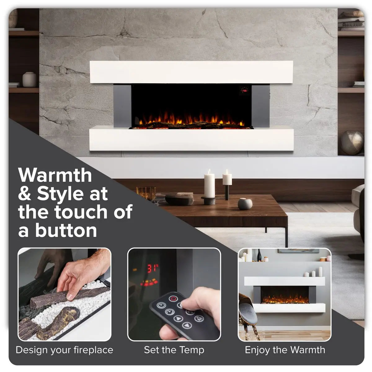 Baridi 46” Wall Mounting 1000W/2000W Electric Fireplace with LED Flame Effects, Side Glass Decoration and Pebble Accessories, Grey  White Rose Tools