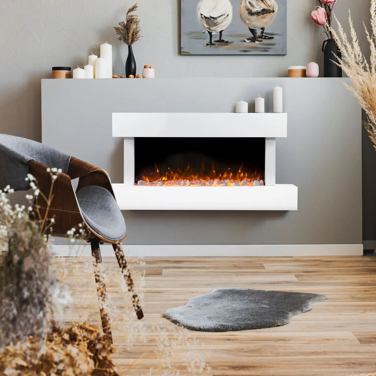 Baridi 46” Wall Mounting 1000W/2000W Electric Fireplace with LED Flame Effects, Side Glass Decoration and Pebble Accessories, White  White Rose Tools