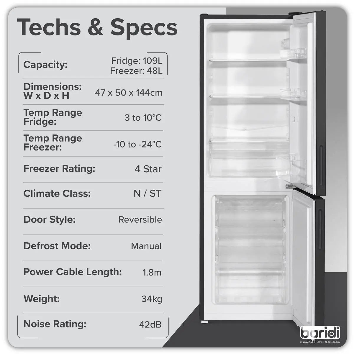 Baridi 47cm 70/30 Fridge Freezer, 157L Capacity Low Frost  White Rose Tools