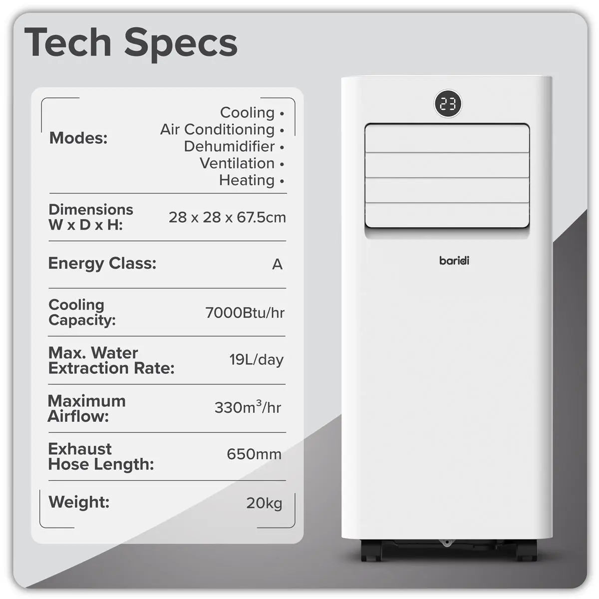 Baridi 5-in-1 Portable Air Conditioner/Dehumidifier/Air Cooler with Window Sealing Kit 7,000Btu/hr - White White Rose Tools