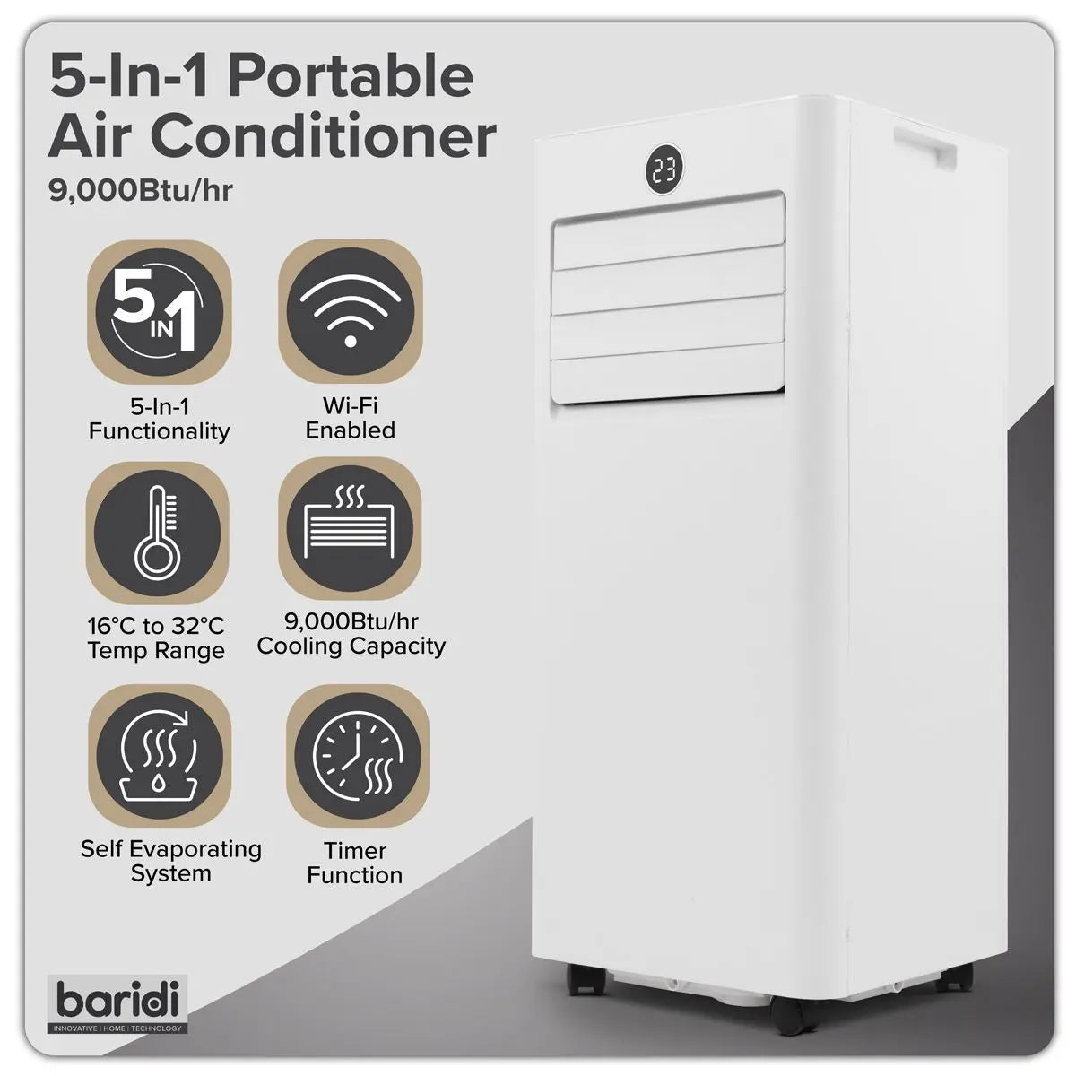 Baridi 5-in-1 Portable Air Conditioner/Dehumidifier/Air Cooler with Window Sealing Kit 9,000Btu/hr - White White Rose Tools