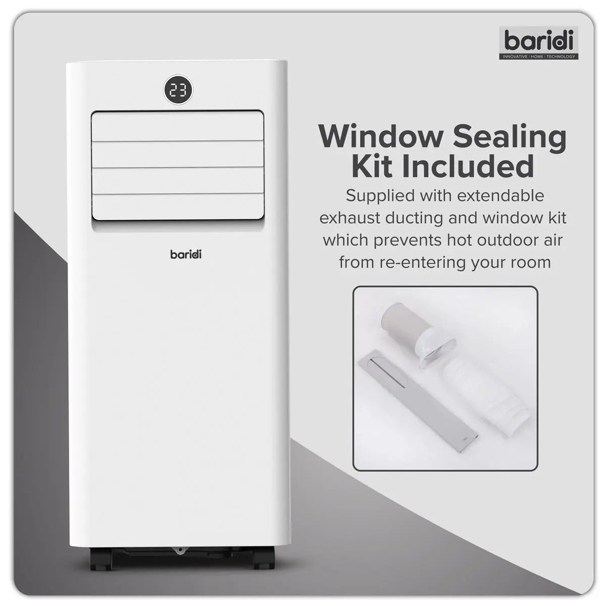 Baridi 5-in-1 Portable Air Conditioner/Dehumidifier/Air Cooler with Window Sealing Kit 9,000Btu/hr - White White Rose Tools