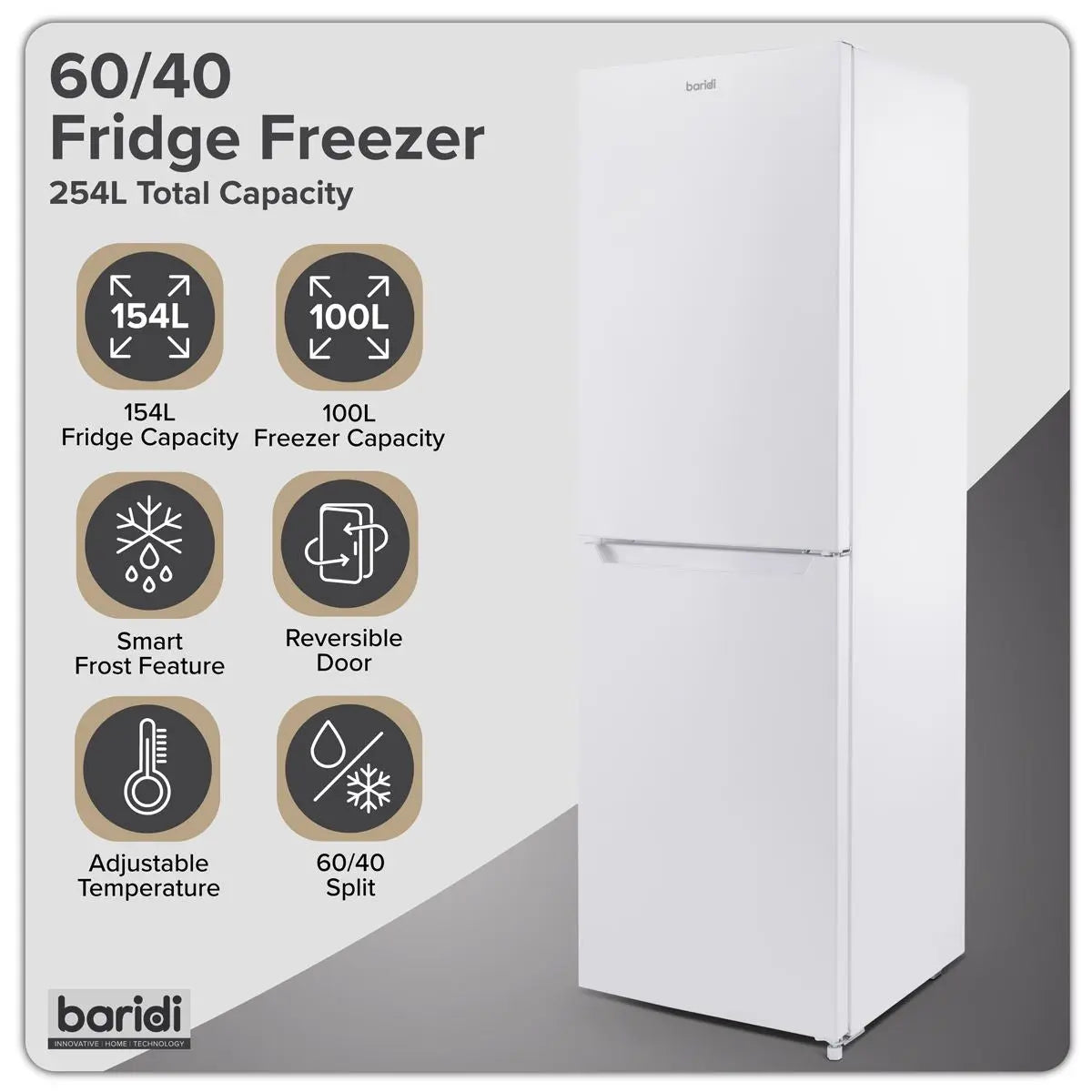 Baridi 50/50 Smart Frost Fridge Freezer 254L Capacity – White White Rose Tools