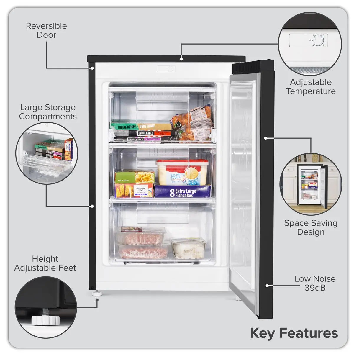 Baridi 55cm Undercounter Freezer with Adjustable Thermostat, 85L - Black  White Rose Tools