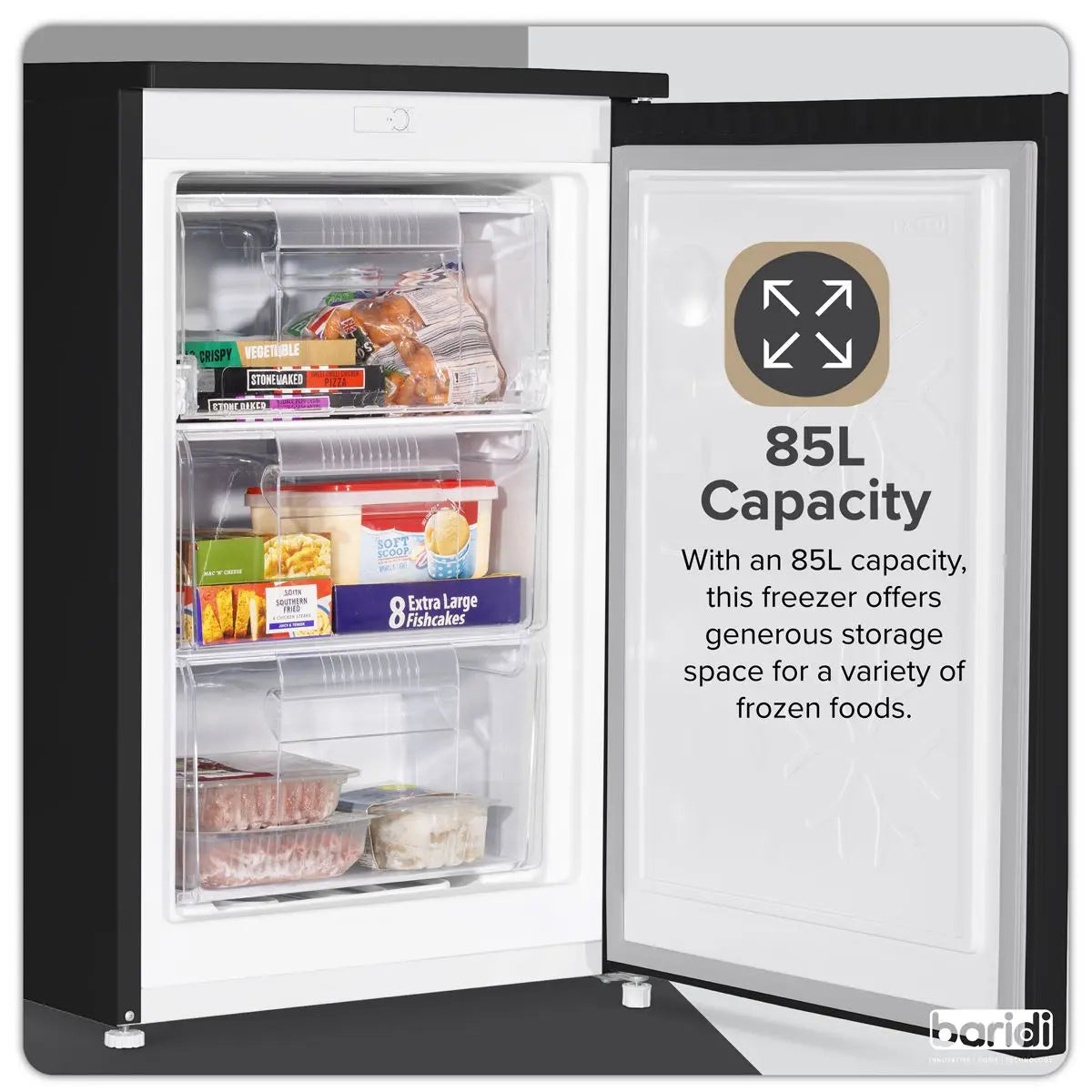 Baridi 55cm Undercounter Freezer with Adjustable Thermostat, 85L - Black  White Rose Tools