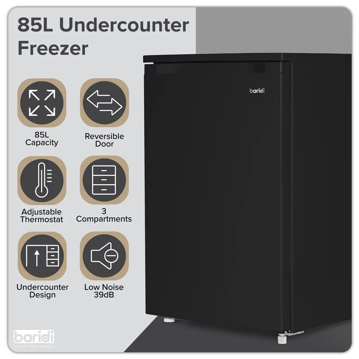 Baridi 55cm Undercounter Freezer with Adjustable Thermostat, 85L - Black  White Rose Tools
