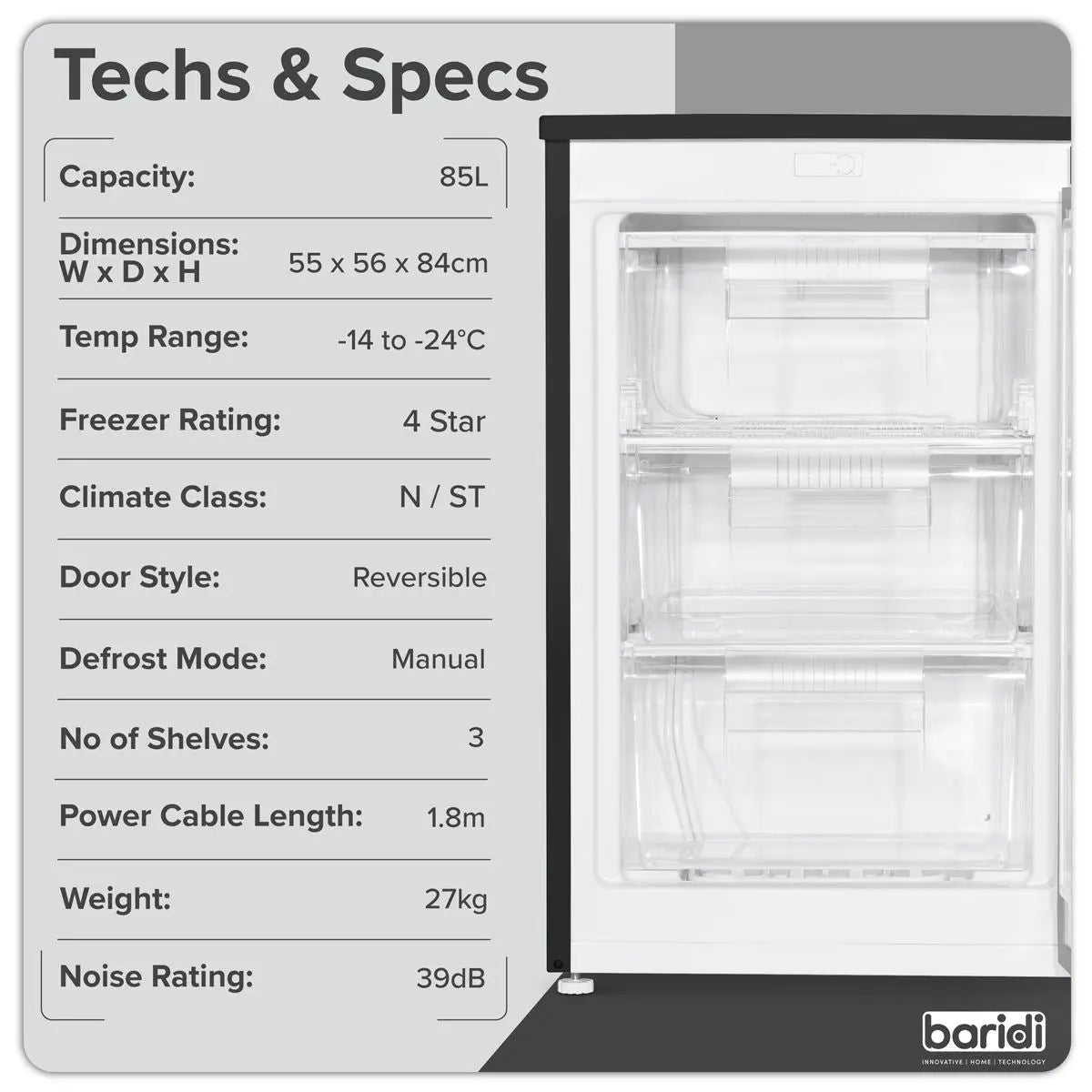 Baridi 55cm Undercounter Freezer with Adjustable Thermostat, 85L - Black  White Rose Tools