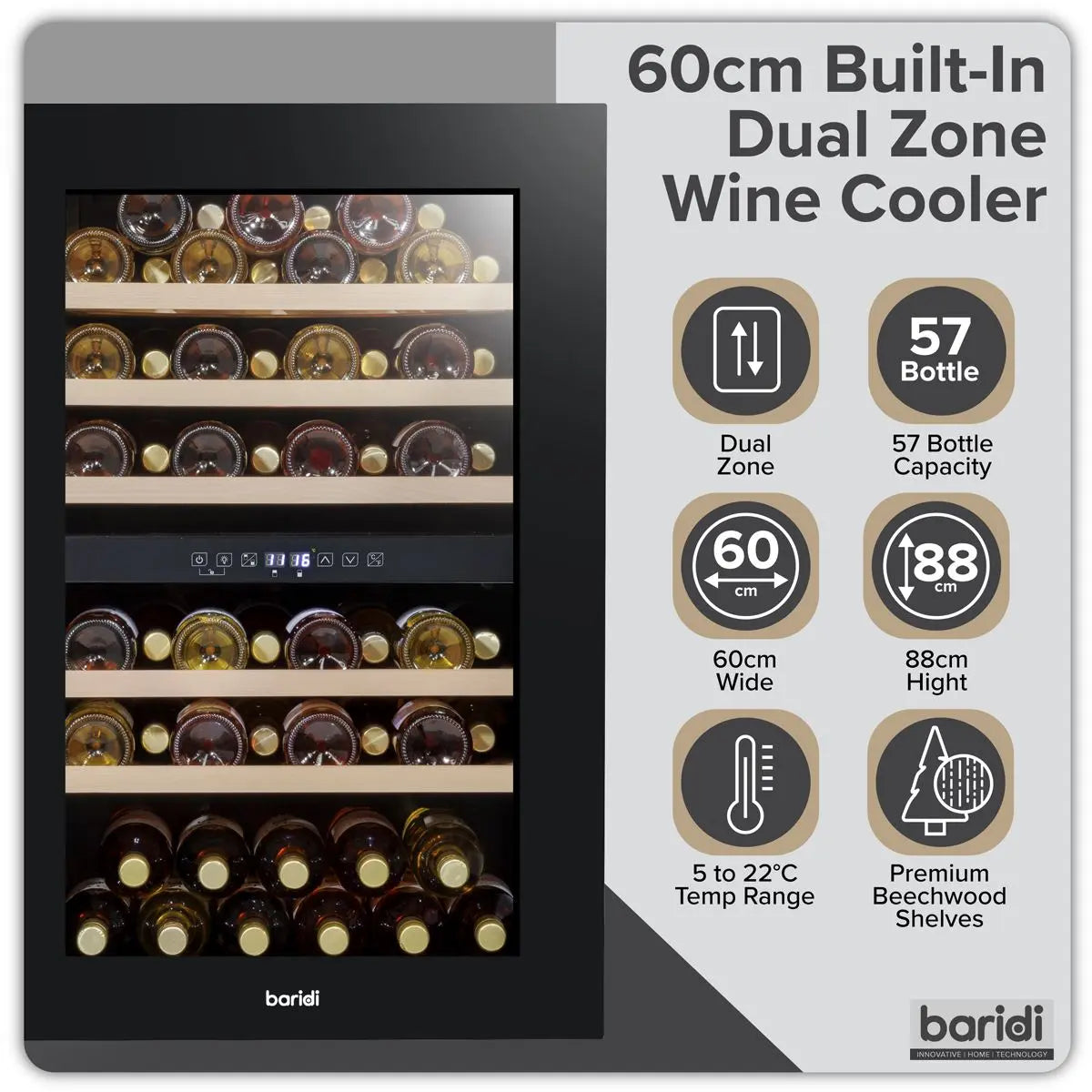 Baridi 57 Bottle Dual Zone Wine Fridge & Cooler 60cm  White Rose Tools