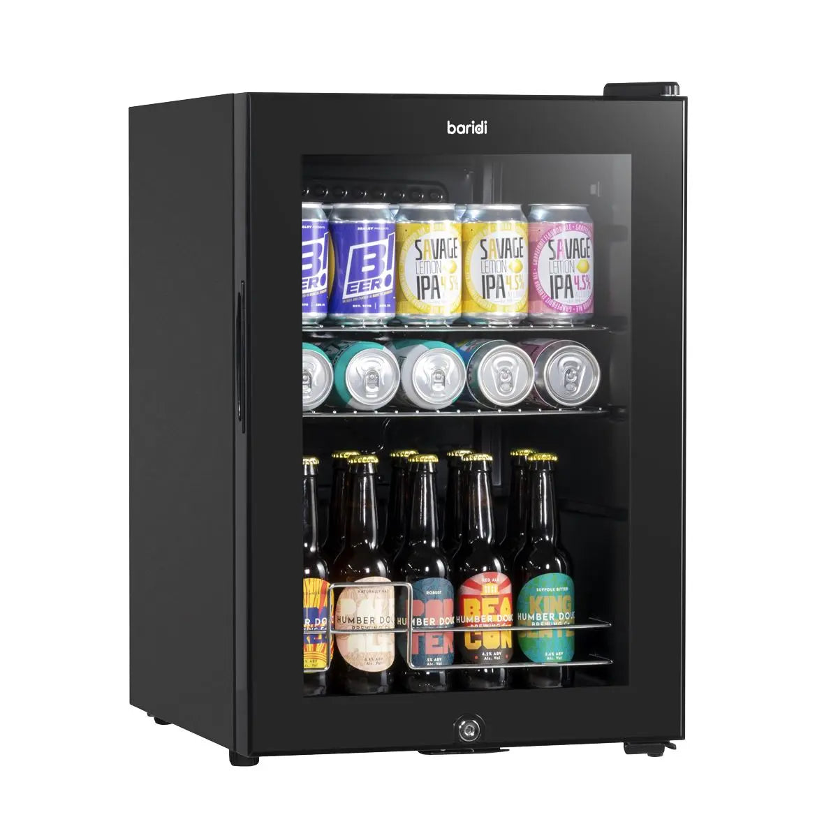 Baridi 60L Beer & Drinks Fridge with LED Light, Black and Glass Door  White Rose Tools