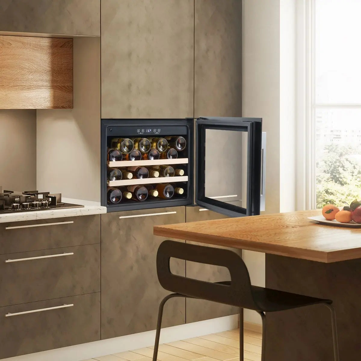 Baridi 60cm Built-In 28 Bottle Wine Cooler with Beech Wood Shelves and Internal LED Light, Black White Rose Tools