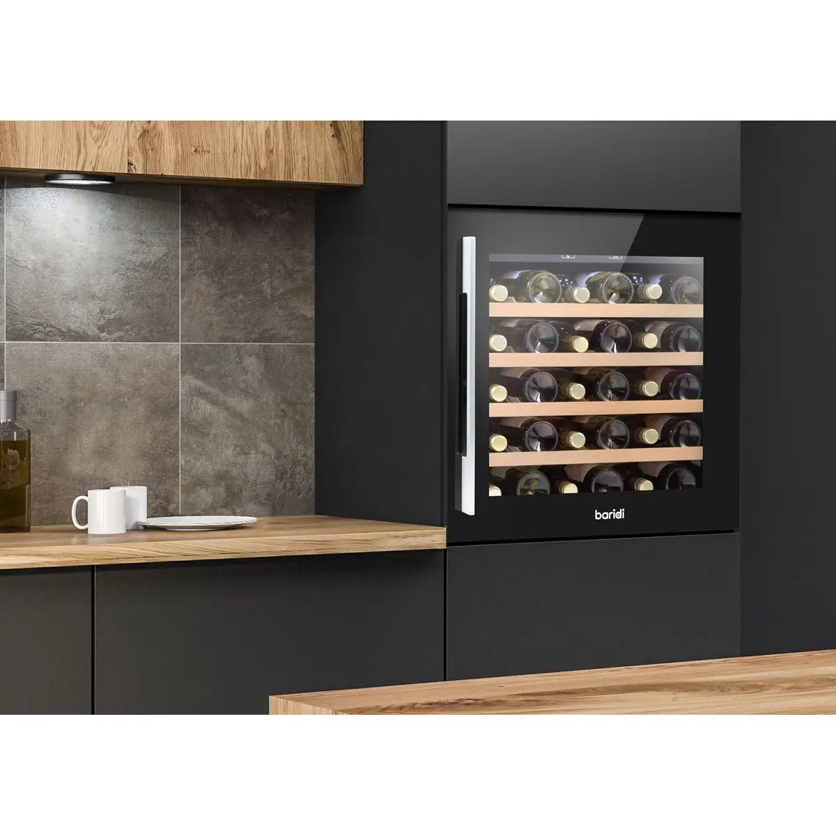 Baridi 60cm Built-In 36 Bottle Wine Cooler with Beech Wood Shelves and Internal LED Light, Black  White Rose Tools