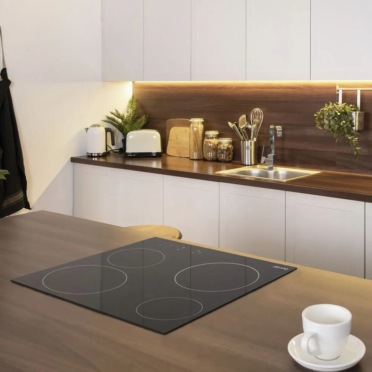 Baridi 60cm Built-In Ceramic Hob 4 Cooking Zones, Black Glass, 6000W with Touch Controls, Timer  White Rose Tools