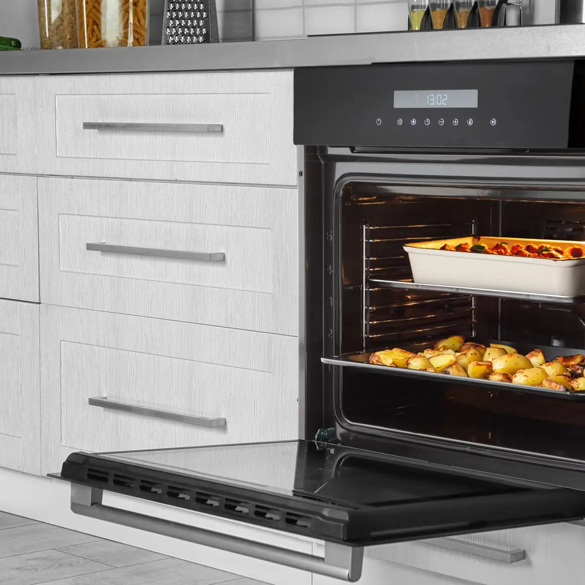 Baridi 60cm Built-In Fan Assisted, Single, Integrated 10 Function Electric Oven, Touchscreen Controls, 72L Capacity, Black  White Rose Tools