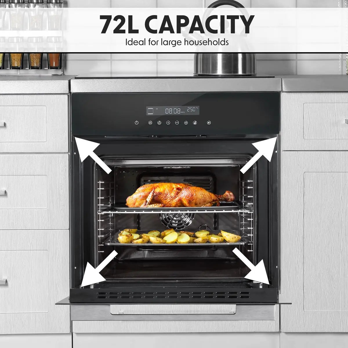 Baridi 60cm Built-In Fan Assisted, Single, Integrated 10 Function Electric Oven, Touchscreen Controls, 72L Capacity, Black  White Rose Tools