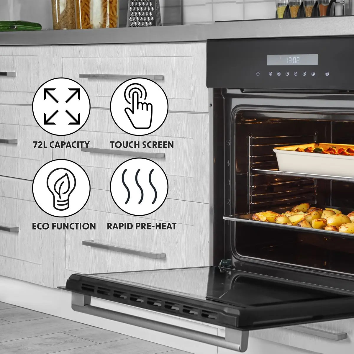 Baridi 60cm Built-In Fan Assisted, Single, Integrated 10 Function Electric Oven, Touchscreen Controls, 72L Capacity, Black  White Rose Tools