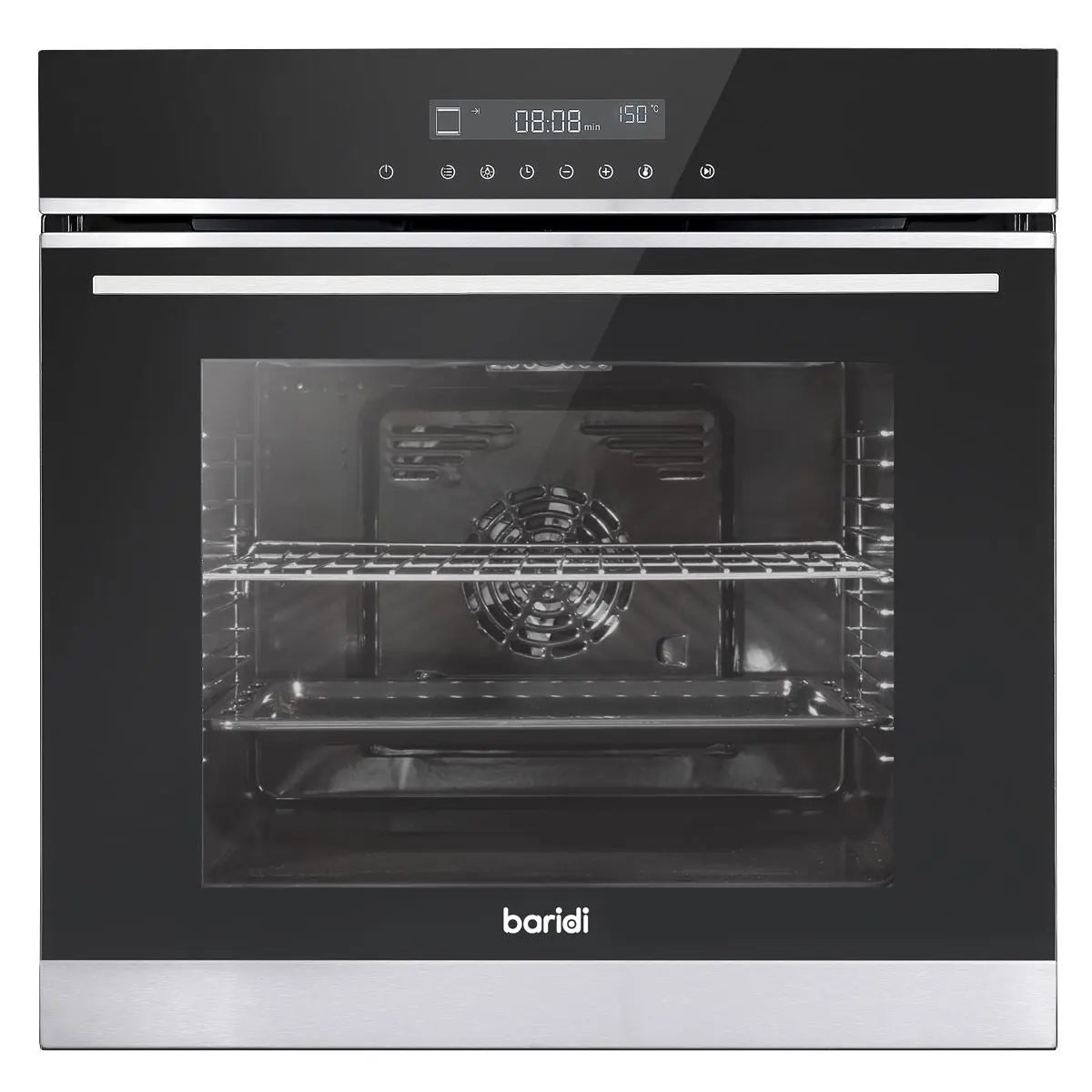 Baridi 60cm Built-In Fan Assisted, Single, Integrated 10 Function Electric Oven, Touchscreen Controls, 72L Capacity, Black/Stainless Steel White Rose Tools