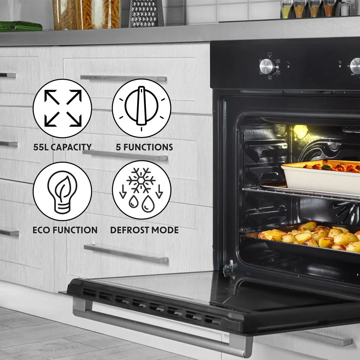 Baridi 60cm Built-In Five Function Fan Assisted Oven, 55L Capacity, Black  White Rose Tools