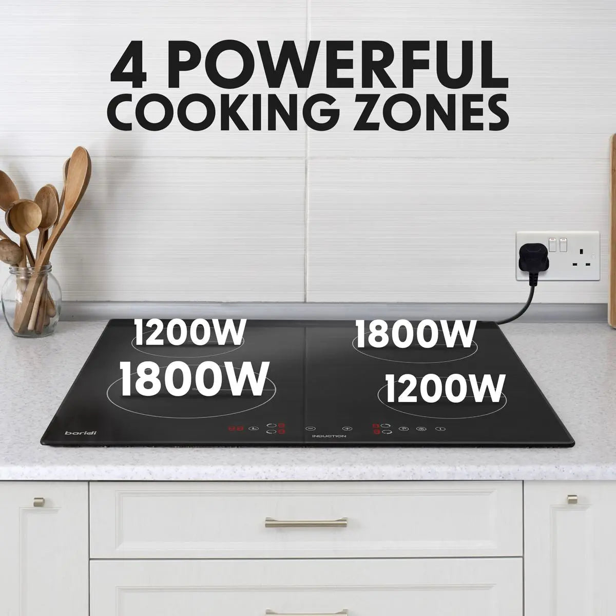 Baridi 60cm Built-In Induction Hob with 4 Cooking Zones, 2800W, Boost Function, 9 Power Levels, Touch Control, Timer, supplied with 13A Plug White Rose Tools