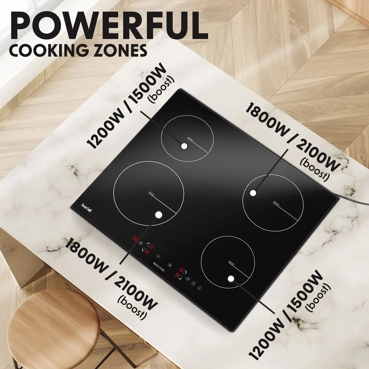 Baridi 60cm Built-In Induction Hob with 4 Cooking Zones, 2800W, Boost Function, 9 Power Levels, Touch Control, Timer, supplied with 13A Plug White Rose Tools